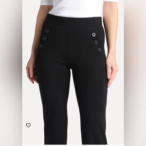 Betabrand Six-Button Dress Pant Yoga Pants in Black Pinstripe